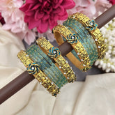 Vriksham Aqua Blue With Ganesh & Kundan Floral Style Silk Thread Bangle Set-G19875